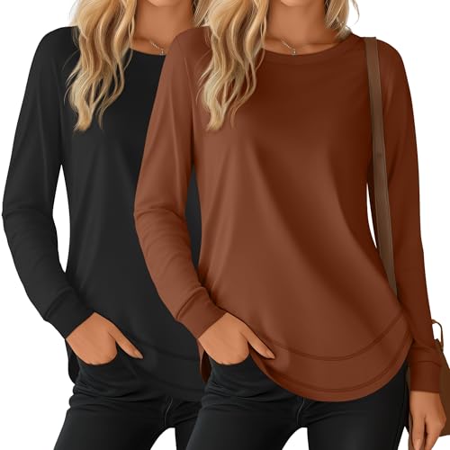 Riyiper 2 Pack Women's Crew Neck Sweatshirts, Cotton Long Sleeve Casual Shirts Loose Fit Tunic Tops Plain Basic Pullover Tees
