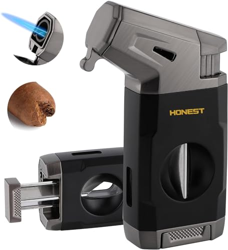 HONEST Torch Cigar Lighter with Windproof Jet Flame, Built-in V Cigar Cutter, Gift for Christmas, Refillable Butane Torch Lighters, All-in-one Cool Lighters for Smoking, Cigars (Black)