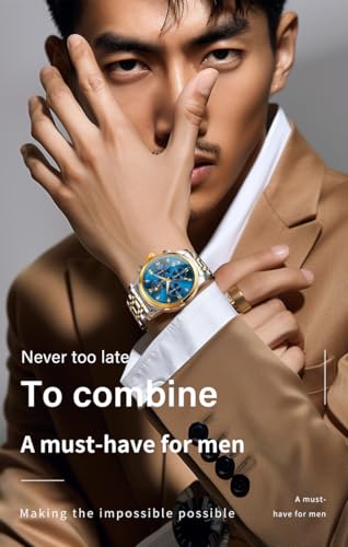 Image of OLEVS Chronograph Watches for Men Original Analog Quartz Black Stainless Steel Chain Luxury Dual Time Zone Moon Phase Date Waterproof Men's Wrist Watch