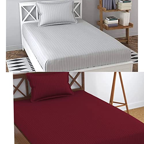 Image of Prime Collection 260 TC Combo Pack of 2 Single Sized (90x60) Satin Striped Bedsheet with 2 Pillow Cover Long Lasting Single Bedsheet for Hotel, Hospital and Home Use