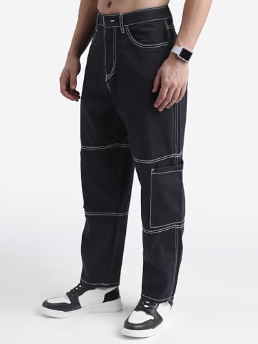 Image of Highlander Men Mens Loose Fit Denim Jeans for Man |Loose Carperter fit Black Cargo Jeans Regular Length|Black Cargo Jeans for Man |Mid-Rise|Stretchable Fabric for Comfort fit