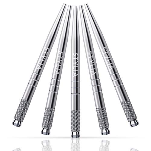 Microblading Supplies 5 Piece Disposable Pens Kit, Lightweight Aluminum Handles For Permanent Makeup Eyebrow Tattoo, Professional Microblade Tool For Fuller Lush Brows with Lock-Pin