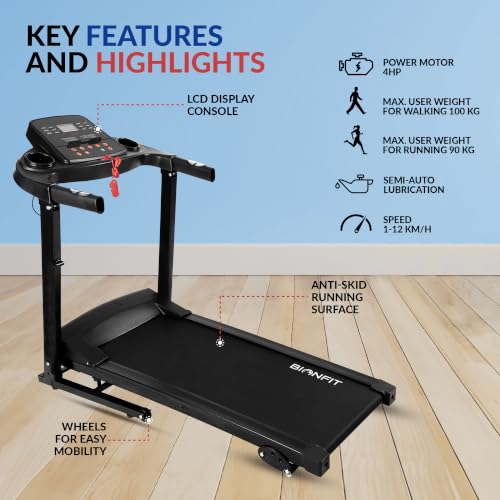 Image of BIONFIT Cardio-X7 Running Machine for Home | 4HP BLDC Motorized Treadmill with Max Speed 14 km /hr | 3-Level Manual Incline, Heart Rate Monitor, 120 Kg Weight Capacity | Walk Pad for Men