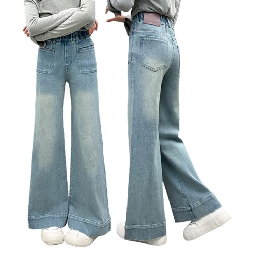 Tween Girls Baggy Jeans-Wide Leg Denim Pants with Pockets, Elastic Waistband Bell Bottom Jeans for Girls