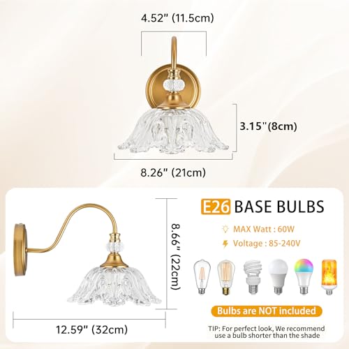Image of 1 Piece Vintage Wall Sconce with Floral Clear Glass Shade, Matte Brass Finish Wall Mount Lighting for Bathroom,Vintage Bathroom Vanity Light Fixtures
