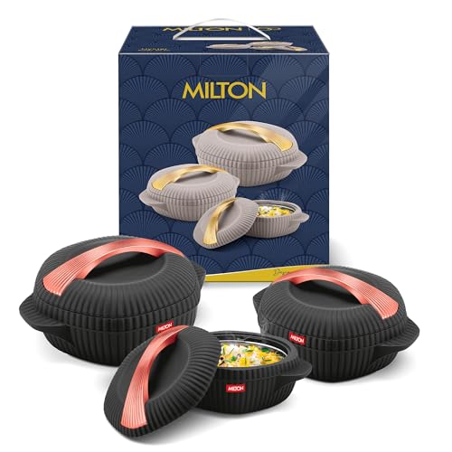 Image of MILTON plastic Oyster Jr. Gift Set PU Insulated Casserole, Set of 3 (455 ml, 860 ml, 1275 ml), Black, BPA Free, Food Grade, Hot and Cold, Easy to Carry, Easy to Store, Chapati, Roti, Curd Maker