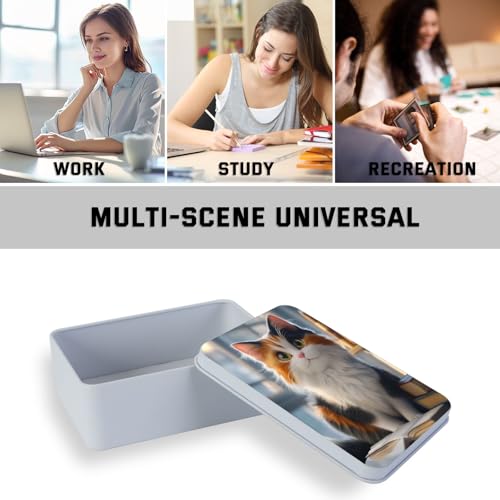 Image of Metal Tin Box with Lid,Multi-functional Storage Large Box Can Store Tea Biscuits Game Cards, Playing & Tarot Cards-Comes with 4 Magnetic Cord Clips,Calico Cat with Books