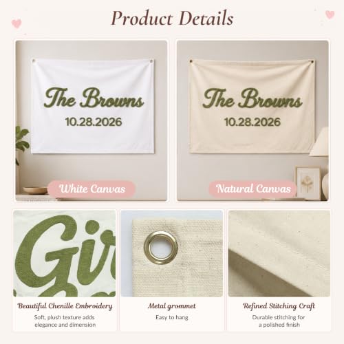 Image of Personalized Wedding Banner with Custom Last Name and Date, Canvas Custom Guest Book with Hand Embroidered Wall Hanging, Reception Decor, Bridal Shower Decoration, Keepsake Gift for Couples