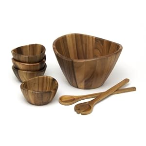 Lipper International Acacia Wave Bowl Set with Servers, 162.31 fluid ounces