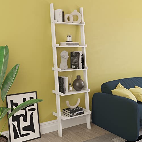 Vida Designs York 5 Tier Ladder Bookcase - Leaning Shelf Display Storage Unit with Open Shelves - Modern Bookshelf for Living Room Bedroom or Home Office - White - H 189 x W 56 x D 32.5 cm