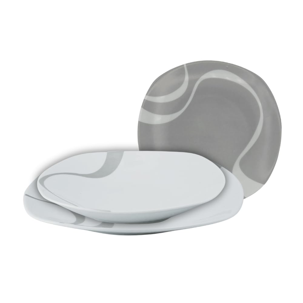 Kyo Grigio – Servizio piatti 18 pezzi in porcellana, 6 piani 25 cm + 6 fondi 23 cm + 6 frutta 19 cm, finitura lucida, stile moderno nordico, lavastoviglie e microonde