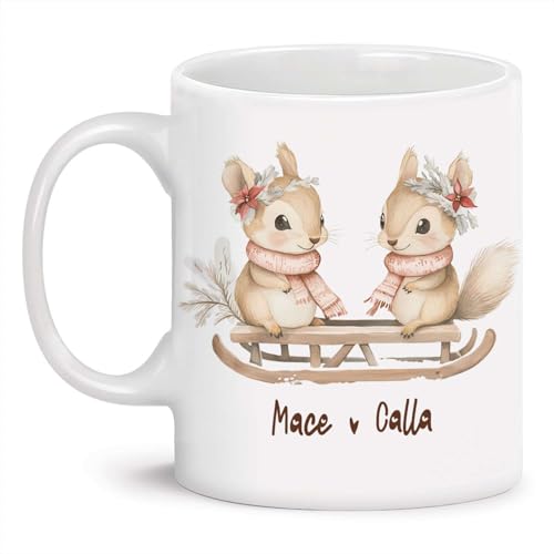 Personalized Cute Squirrel Ceramic Cup, Gift For Friends, Custom Adorable Animal Themed Holiday Coffee Cup, Customized Name Christmas White Cup 11oz 15oz, Winter Keepsake Cup Gifts