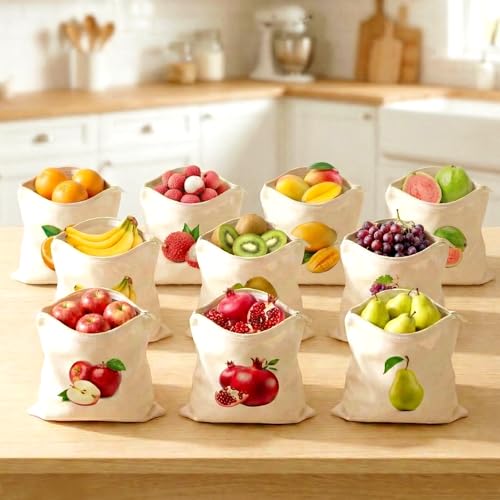 Image of 100% Cotton Reusable Fruit Vegetable Bags for Fridge | Eco-friendly Storage Bags for Kitchen Organizer | 10 Pcs | Washable Breathable Zipper Cloth Bags for Fruits Vegetables | Fruit Vegetable Bag