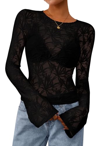 PRETTYGARDEN Womens Lace Long Bell Sleeve Tops 2025 Fall Sexy See Through Sheer Floral Blouse Shirt Fitted Going Out Outfits (Black,Large)