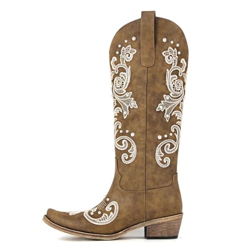 Agodor Cowboy Boots For Women Pearl Cowgirl Ladies Knee High Boots with Classic Embroidery Pointed Toe Chunky Heel Pull On Fashion Dress Wedding Western Booties