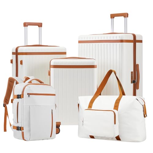Tidal flash Hardshell Luggage Sets 5 Piece with Backpack Durable Hardside Suitcases Set with Spinner Wheels and TSA Lock White-Brown