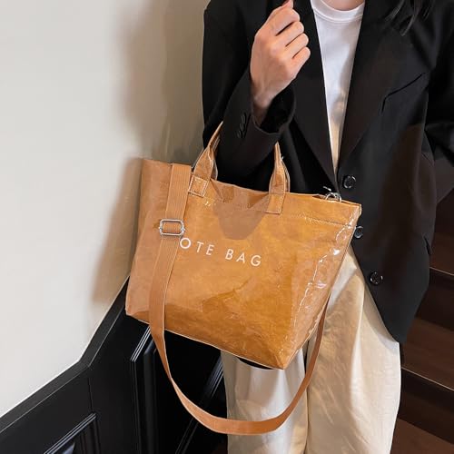 Image of PVC Tote Bag for Women Large Clear Plastic Letter Print Kraft Paper Top Handle Crossbody Shoulder Hobo Handbag(D-Brown)