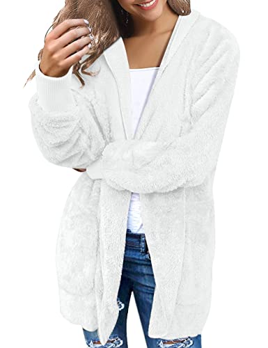 LookbookStore Womens Cardigan 2026 Winter Oversized Open Front Fleece Hooded Draped Pockets Jacket Coats White Small