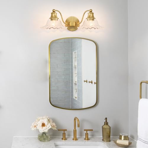 Image of Bright Brushed Gold Bathroom Vanity Light Vintage Style, E26 Easy Mounted | Vanity Light with Flower Glass Shades, 18 inch Wide Bathroom Lighting Over Mirror, Easy Mounted for Bathroom, Bedroom, Hallway