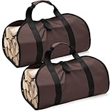Clysee 2 Pcs Canvas Firewood Carrier Bag with Handles, Canvas Waxed Large Carrier Logs Tote Indoor Carrying Bag Wood Storage Carriers for Fireplace Cabin Camping Outdoor, Dark Brown