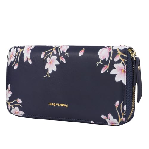 Pomelo Best Geldbörse Damen groß im Langformat Blumen Prägung Reißverschluss Portemonnaie mit RFID-Blockierung und vielen Fächern (Marineblau)