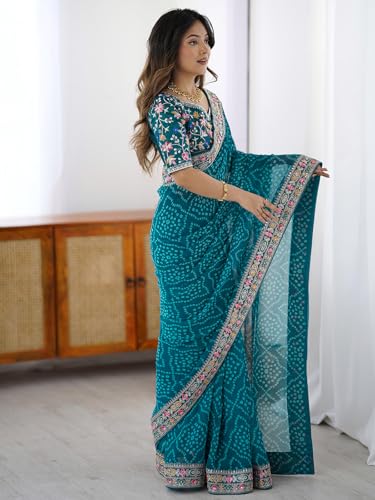 Image of Satrani Women's Georgette Bandhani Printed Sequin Embroidery Saree with Unstitched Blouse Piece