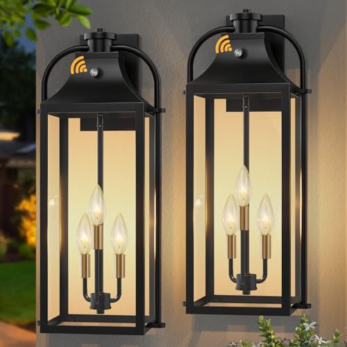 Image of Exterior Lighting Fixtures, 24 inch Jumbo Foyer Lighting Fixtures, 2 Pack Dusk to Dawn Outdoor Lighting, 3-Light Waterproof Aluminum Wall Lanterns, Black Modern Front Door Wall Decor for Outside, Entrance