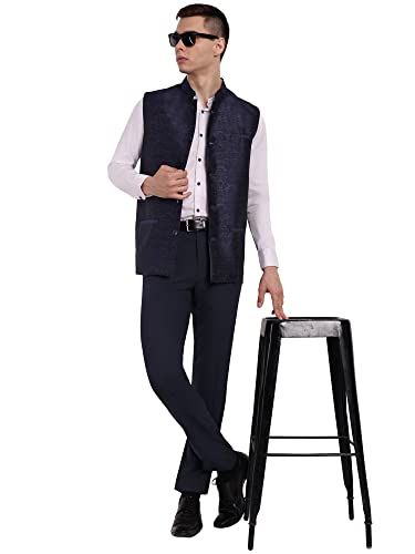 Image of SKAVIJ Mens Embellished Ethnic Wear Nehru Jacket Floral Printed Formal Waistcoat Regular Fit (X-Large,Blue)