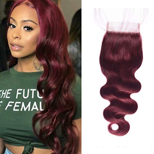 WOME Brazilian Human Hair Lace Closure Red 99J Lace Closure Burgundy Wine Red Body Wave 4x4 Free Part Lace Closure (20" Closure,Color 99J)