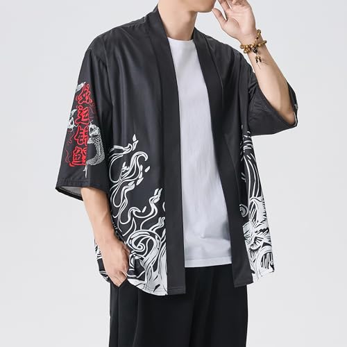 Image of PRIJOUHE Men's Lightweight Kimono Jacket Seven Sleeve Open Front Cardigan Coat Japanese Style Bathrobe