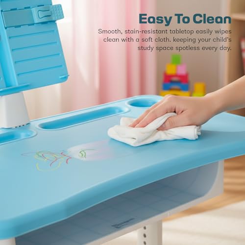 Image of BAYBEE Study Table with Chair for Kids 2+ Years Boys & Girls | 3 Level Height Adjustable Baby Desk Table Set | Ergonomic Kids Table Desk Chair with Book Storage, Tablet, Pen & Bottle Holder (Blue)