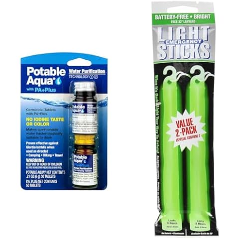 Potable Aqua Water Purification Tablets 2-50ct Bottles and Ready America 8-Hour 2-Pack Green Emergency Lighsticks Cover