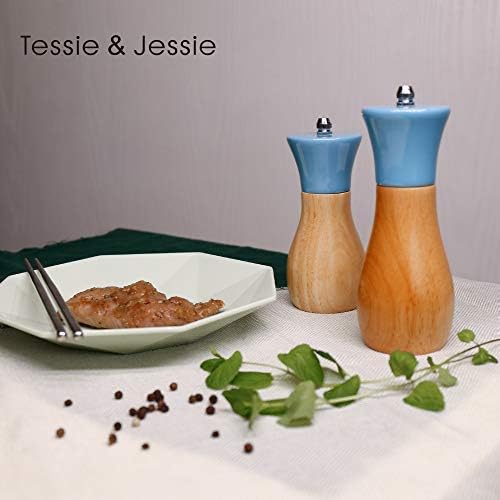Salt Grinder Wooden Pepper Salt Grinder Set Pepper Mill Salt & Pepper Shakers - Stainless Ceramic Refillable Oilcan Stylish for Sea Salt Black Pepper - By Tessie & Jessie (Oilcan5"+6", Blue)