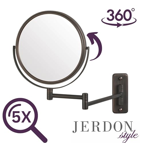 JERDON Two-Sided Wall-Mounted Makeup Mirror - Makeup Mirror with 5X Magnification & Wall-Mount Arm - 8-Inch Diameter Mirror with Bronze Finish Wall Mount - Model JP7506BZ - Thumbnail 5