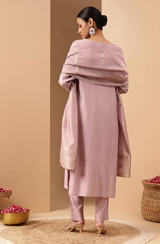 Image of Janasya Women's Lavender Silk Blend Embellished Gold Printed Straight Kurta Set