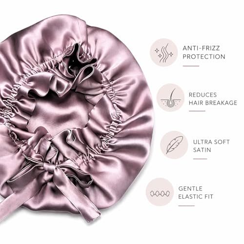 Image of Atrube Silk Satin Hair Bonnet Reversible Adjustable tie Band Reusable showercap Satin bonnet Wrap Silk Bonnet Hair with Hair Scalp Massager Shampoo Brush and scrunchies (Rose Taupe)