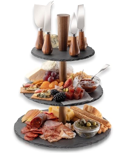 Juego de cuchillos de queso de acacia de 4 piezas y soporte de pizarra de 3 niveles. Elegante juego de cuchillos de queso con soporte de pizarra etagere, mangos de cuchillos de madera de acacia y