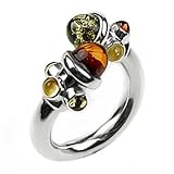 Multicolor Amber and Sterling Silver Adjustable Designer Ring, Sizes 5,6,7,8,9,10,11,12