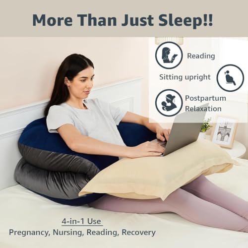 Image of Amazon Basics Velvet Full Body Pregnancy Pillow for Maternity, Baby Nursing, Full Body Support|U-Shaped-Washable Cover with Zip-Blue & Grey