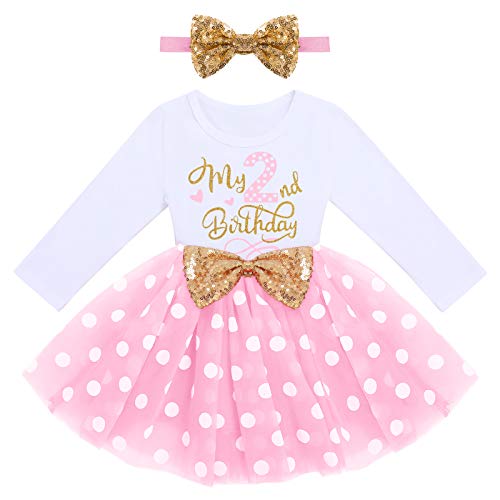 FYMNSI Baby Girl My 2nd Birthday Cake Smash Outfit Cotton Long Sleeve Princess Tutu Tulle Polka Dots Dress Bowknot Headband Set Second Two Years Old Party Clothes Photo Props Pink 2 Years