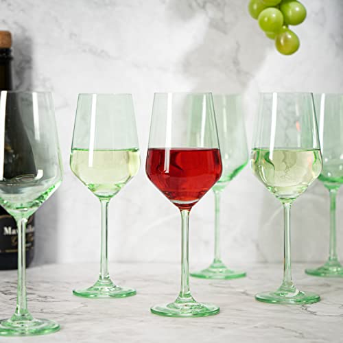 Green Colored Wine Glass Set, 12Oz Glasses Set Of 6 - Wedding Mint Green, Gift, Baby Shower Gender Reveal Decor Baby Unique Italian Style Tall Stemmed For White & Red Wine Elegant Glassware Color #TOP3