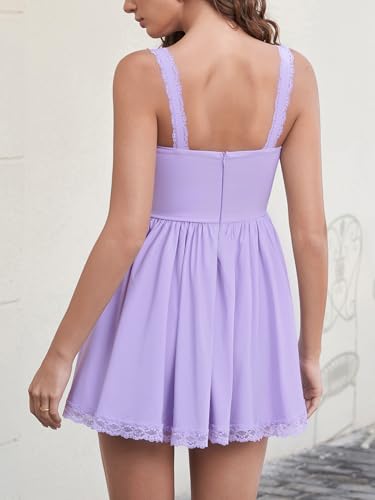 Image of Womens Summer Floral Mini Dress Square Neck Tie Front Lace Spliced Ruched Backless Casual Party Graduation Short Dresses