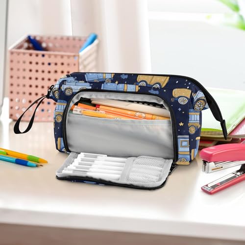Image of Fisyme Trains Cute Blue Pencil Case Large Capacity Pen Bags Box Big Makeup Pouch Organizer