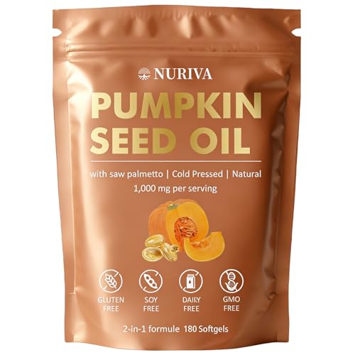 NURIVA Pumpkin Seed Oil with Saw Palmetto – Cold Pressed, Pure Virgin Oil, Rich in Essential Fatty Acids & Phytosterols – Supports Hair, Urinary & Prostate Health – Non-GMO, 100% Natural(1pc)