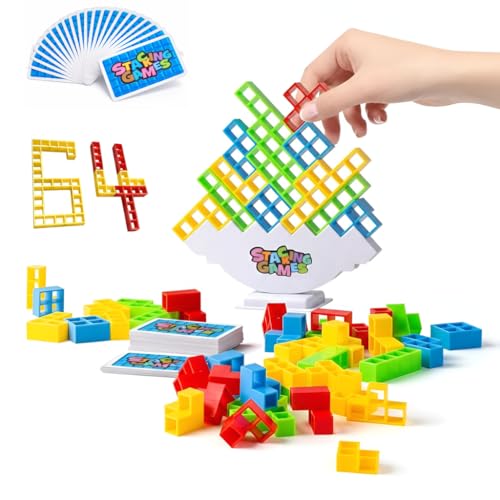 GALAXY GLOW Stacking Game 64PCS Balance Tower Blocks Game for Kids & Adults, Tetra Balance Board Family Party Tabletop Game, 2+ Player Stacking Building Blocks Toy for Home Travel