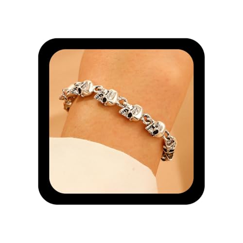 Wendalern Punk Cráneo Eslabón Cadena Pulsera De Plata Esqueleto Gótica Cráneo Cabeza Biker Pulsera Halloween Bisutería Para Mujeres Y Hombres