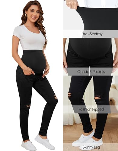 Pacbreeze Women'S Maternity Jeans Over The Belly Slim Ripped High Waist Denim Skinny Distressed Pants thumb #1