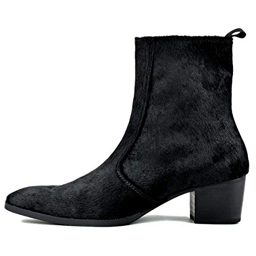 OSSTONE Men Chelsea Ankle Boots Leather Pony Hair Chukka Boots with Side Zipper Heel Dress Boots JY0212