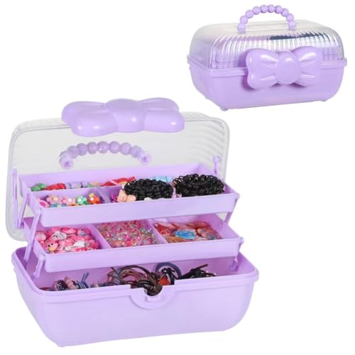 Hoemastot 3-Layer Plastic Storage Box with Handle - Multipurpose Organizer for Hair Clips, Headbands, Ties & Jewelry - Ideal for Girls (purple)