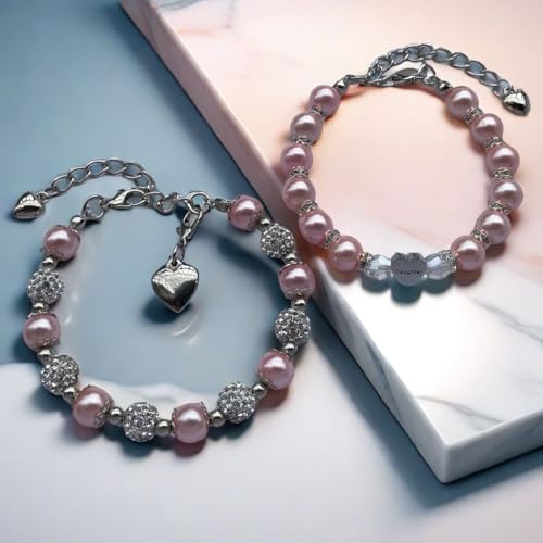 Image of DOLON 2 Pcs Imitation Pink Pearls Crystal Beads Heart Charm Bracelets Gift for Granddaughter,Sister,Daughter with Graduation Birthday Christmas First Day Wish Card